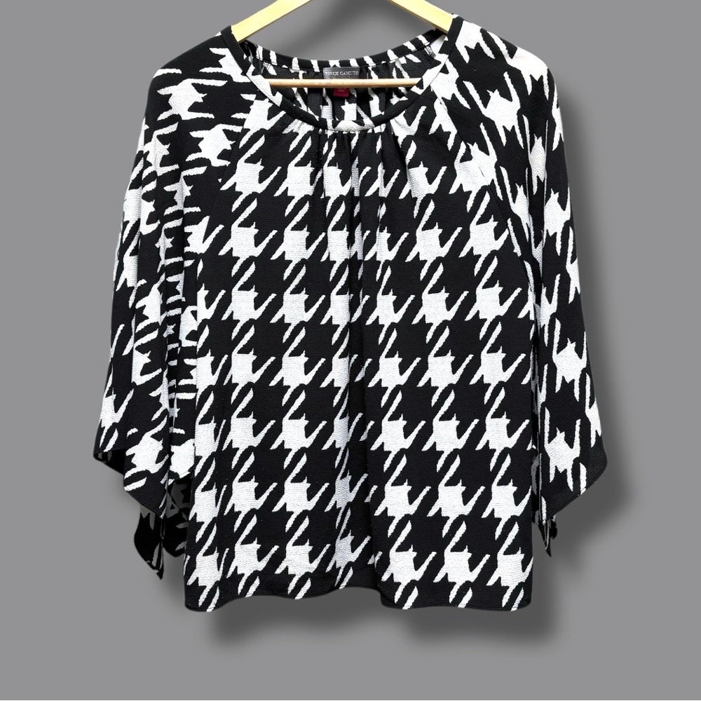 Vince Camuto Womens Small Black White Houndstooth Split Flutter Cape Sleeve Top